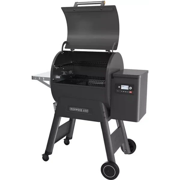 Barbecue pellet TRAEGER Ironwood 650 noir sur chariot, grille haute 56x26.5 cm, grille basse 56x48 cm