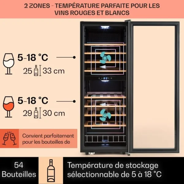 Cave à vin Klarstein Barossa - Noir - Étagères en bois - Porte en verre - Écran LCD - Température 5 à 18°C