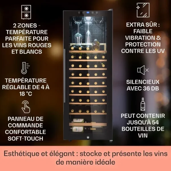 Klarstein Cave à vin 54 bouteilles étagères en bois amovibles porte en verre écran LCD 5 à 18°C Cave à Vin