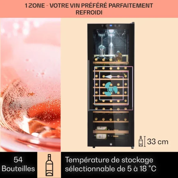 Klarstein Cave à vin 54 bouteilles étagères en bois amovibles porte en verre écran LCD 5 à 18°C Cave à Vin