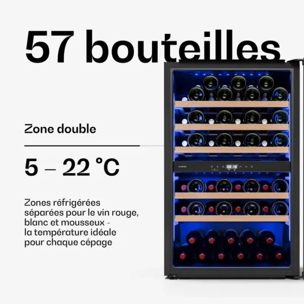 Klarstein Illuminosa Cave à vin encastrable Cave 2 zones 57 bouteilles 143 L