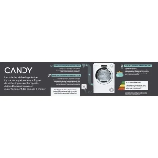 Sèche-linge pompe à chaleur CANDY EY EH8N1DE-S - 8 kg - Connecté - Blanc